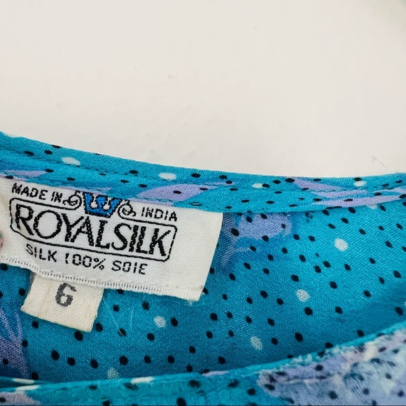 Vintage royal silk turquoise floral print polka dot blouse top - Picture 9 of 10